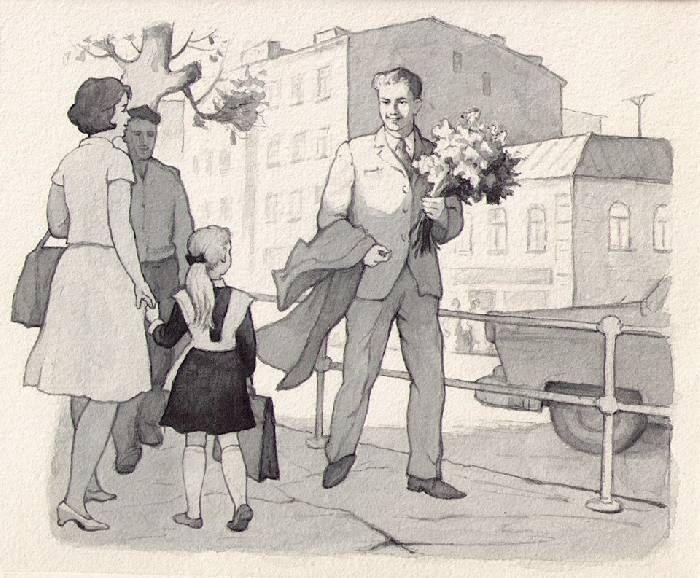 Иллюстрация к рассказу Я. М. Тайца «Мой первый букет» (Рассказы и повести, М., ДЛ, 1964)